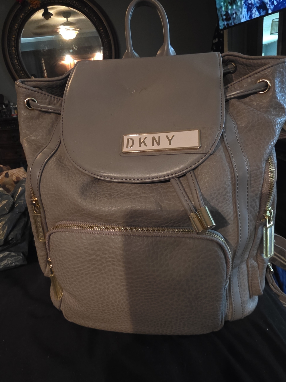 DKNY Taupe Gray Leather Drawstring Backpack with Gold Hardware